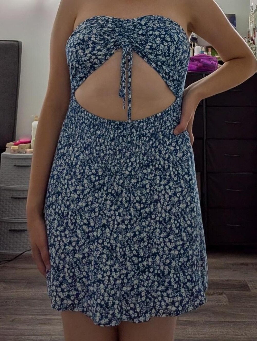 Blue Floral Strapless Cutout WasSundress with Tie Front